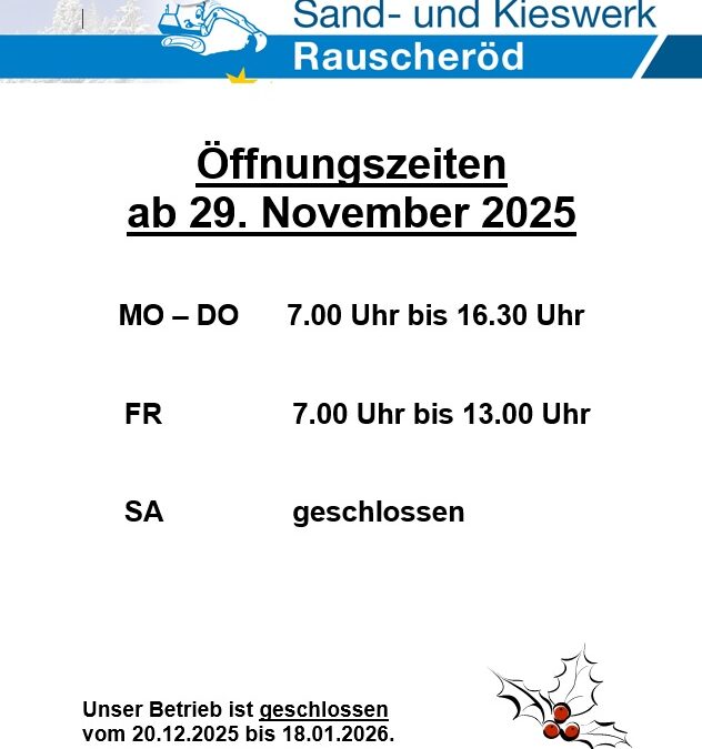 Winteröffnungszeiten + Betriebsurlaub